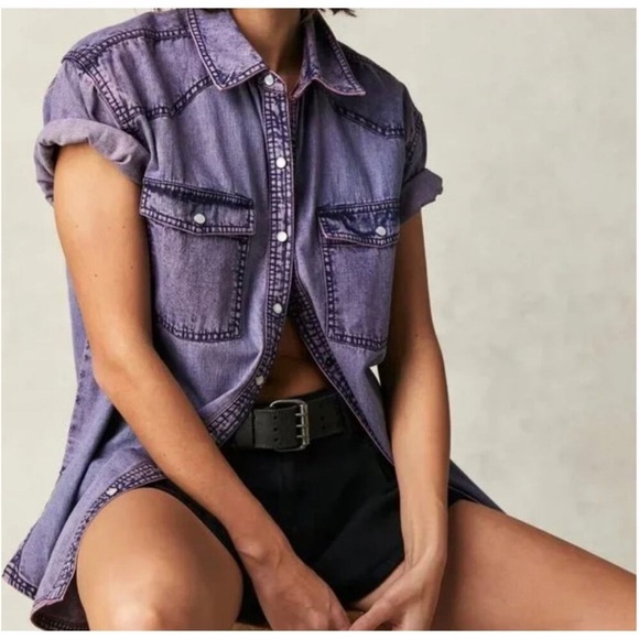 Free People We The Free The Short Of It Denim Top / Orchid Overdye, Size Small - Picture 4 of 11